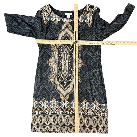 Charter Club Gray Brown Cream Filigree 3/4 Sleeve Sheath Dress Petite size L PL - Picture 7 of 9